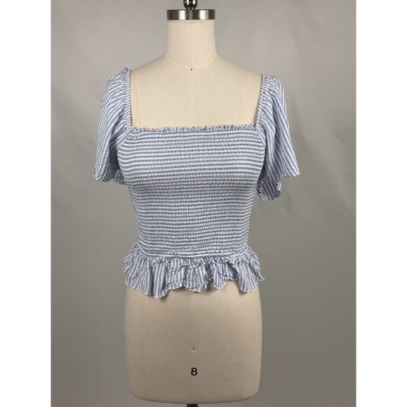 Blue And White Stripped Cottage Core Preppy Stretch Peasant Top - Picture 2 of 3